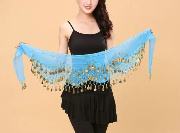 Женский набедренный платок для танца живота трёхрядный пояс-юбка с золотым тоном