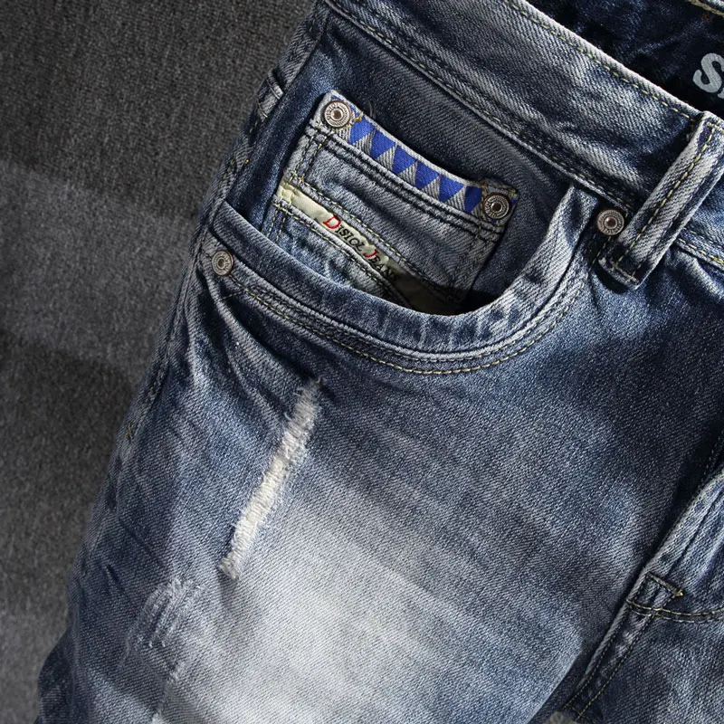 European Vintage Fashion Men Jeans Retro Light Blue Elastic Slim Fit Ripped Jeans Men Korean Designer Casual Denim Pencil Pants