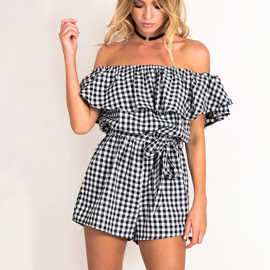 

Women Rompers Sexy Off Shoulder Ruffle Jumpsuit Lattice Boho Mini Bodysuit Ladies Strapless Casual Beach Party Jumpsuits