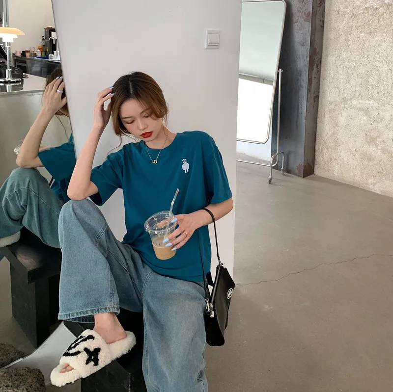 

YTX349 2021 new cartoon embroidery loose round neck all-match white bottoming short-sleeved T-shirt