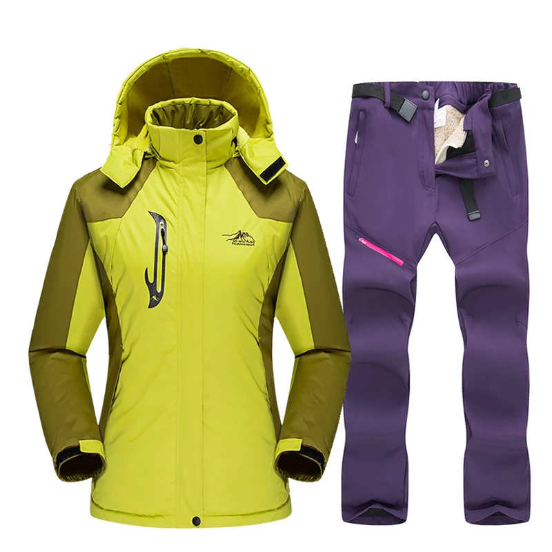 Yellow Purple Лыжный костюм для женщин, уличная водонепроницаемая ветрозащитная куртка для сноуборда, лыжная куртка, штаны, зимние лыжные флисовые куртки, женский лыжный костюм - Цвет: Yellow Purple