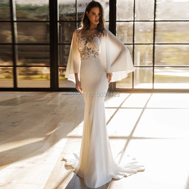 

Elegant Chiffon Mermaid Wedding Dresses with Cap Scoop Button Illusion Bridal Gowns Court Train Vestido De Noiva Custom