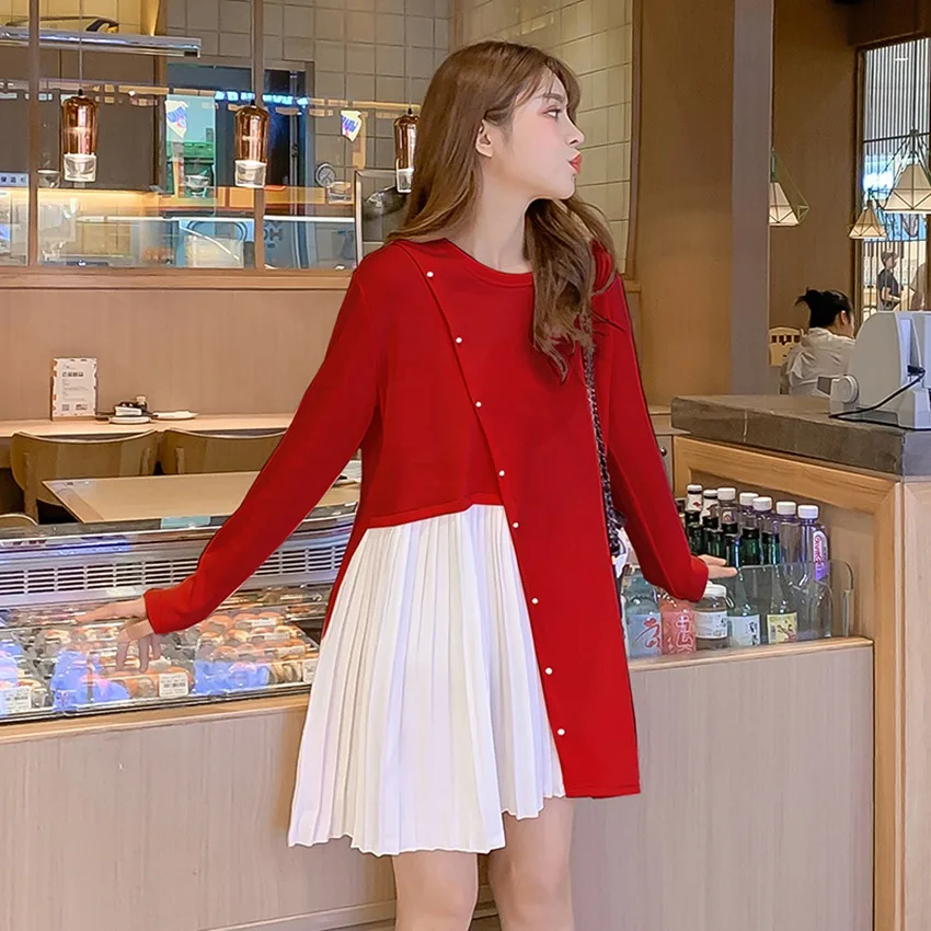 Осенне-зимнее платье для беременных милое вязаное с жемчужными пряжками Новое