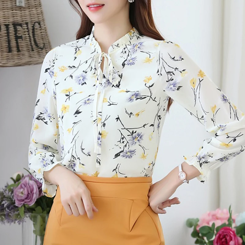 Блузка женская с цветочным принтом Модный Топ длинным рукавом шифоновая рубашка
