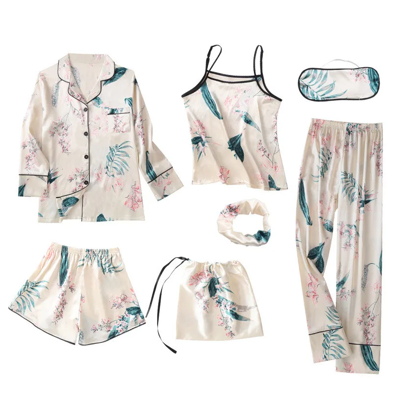 

Autumn Sleepwear 7 Pieces Home Clothes Set Women Sexy Pajamas Sets Sleep Suits Cute Strawberry Printing Nightwear Gift Homewear