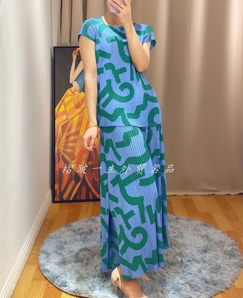 HOT SELLING Miyake fashion  Spring and summer high waist all-match geometry PRINT wide leg pants female flare pants IN STOCK