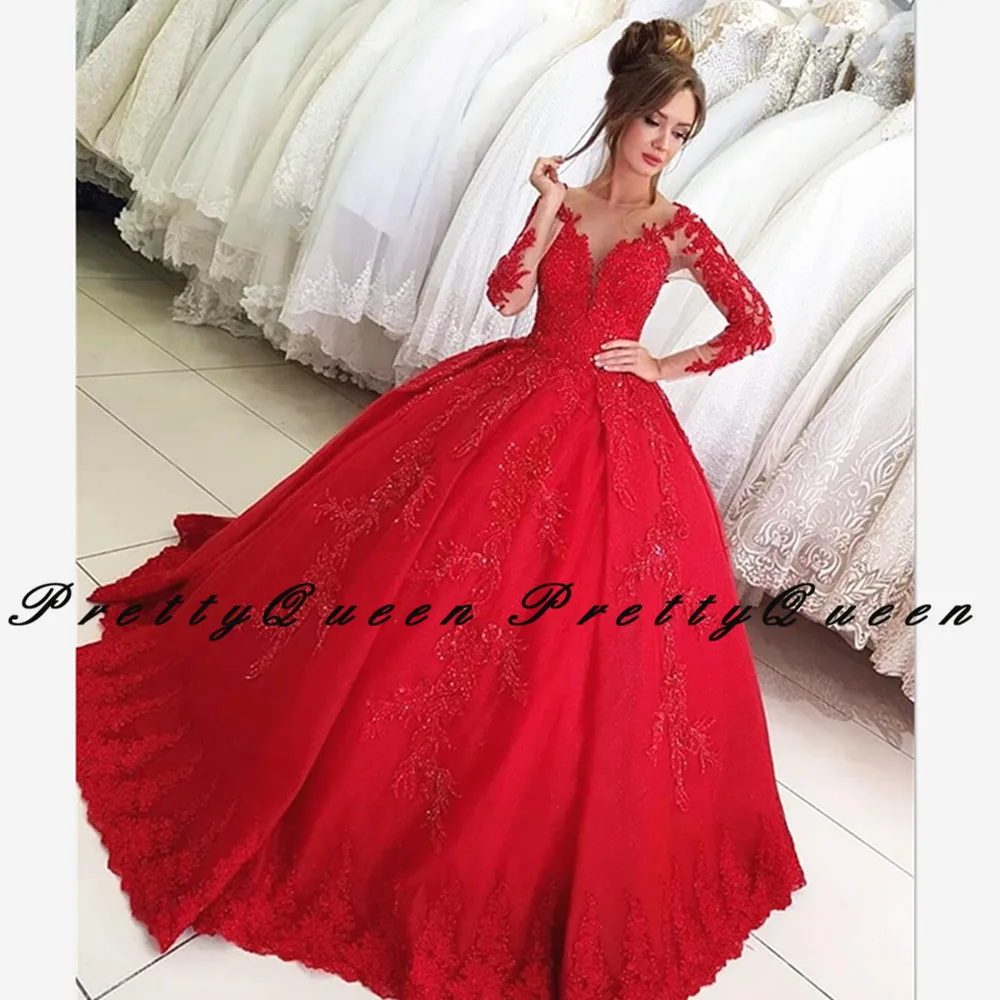 Красное Кружевное Свадебное платье с длинными рукавами и аппликацией из бисера