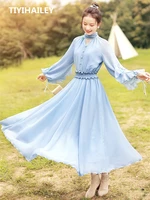 tiyihailey free shipping 2022 new boshow women long maxi long lantern sleeve autumn s l chiffon big hem ruffles blue dresses