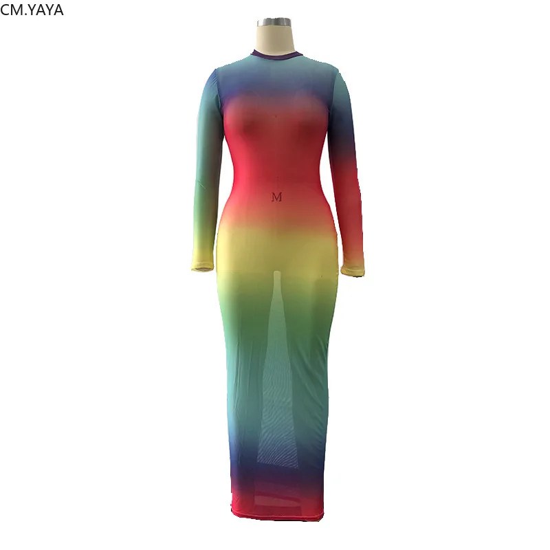 2019 women rainbow print o-neck full sleeve bodycon long maxi dress sexy gradient perspectivenight club party dresses GLK9506 | Женская