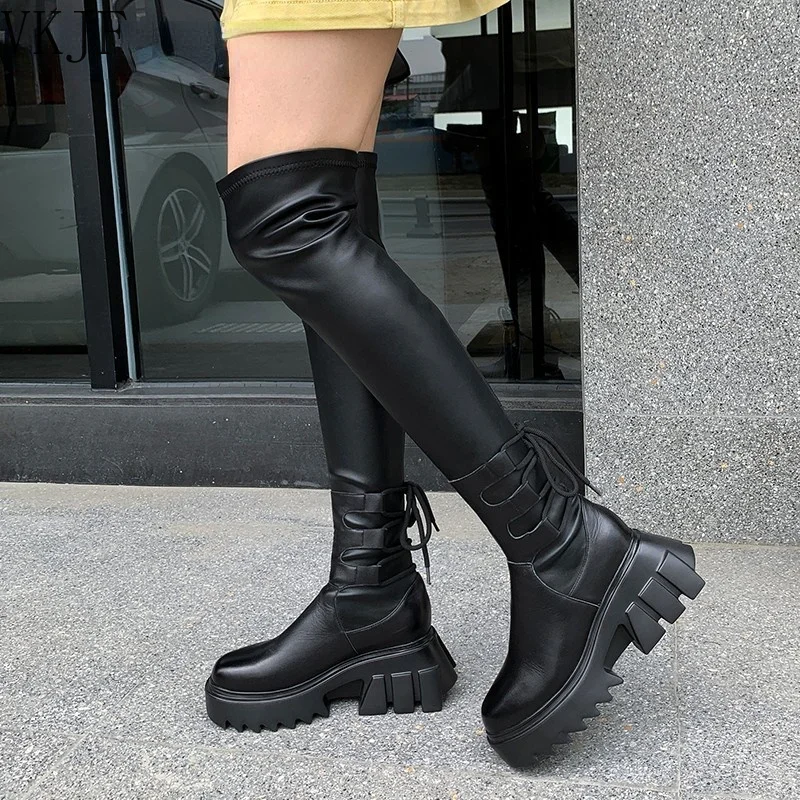 

Sexy Leather Thigh High Boots Women Black Flat Over The Knee Boots for Women Round Toe Party Long Shoes Thick Sole Botas Mujer