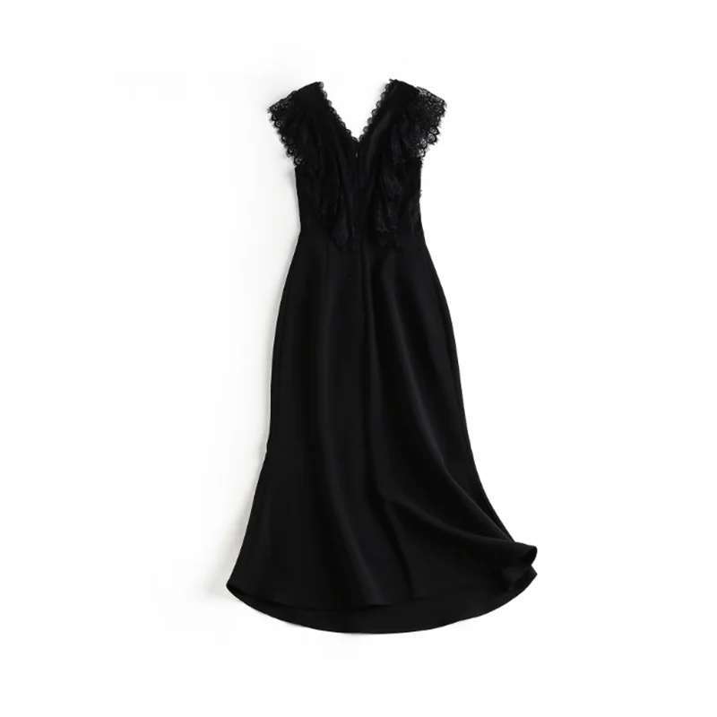 

Summer Dress For Women 2021 Vintage Black Lace Stitching V-Neck Tunics French Elegant Women's Clothing Casual Prom Midi Dress