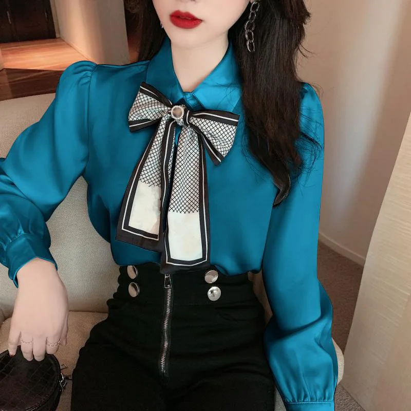 

2021 Spring Autumn New Elegant French Style Bow White Shirt Turn-down Collar Fashion Simple Top Office Lady Plain Women Blouse
