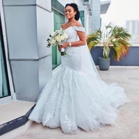 pretty lace mermaid wedding dresses off shoulder applique beads tulle african bridal gown train custom plus size bride dress