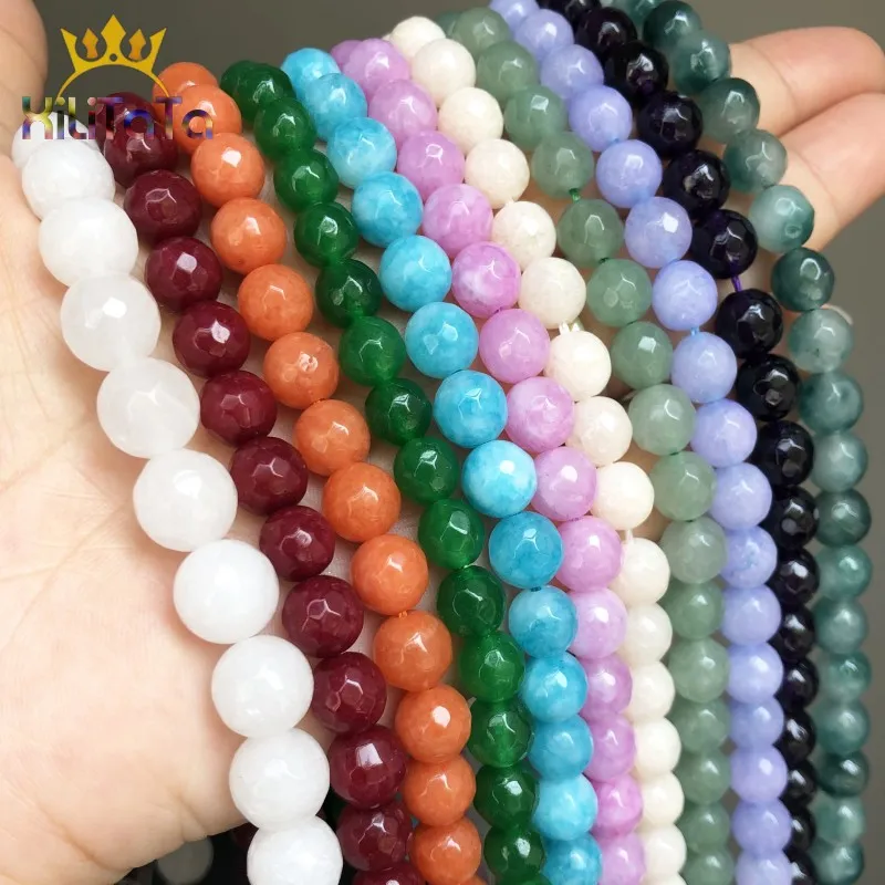 Natural Faceted Chalcedony Jades Stone Beads Colorful Round Spacer For Jewelry Making DIY Bracelet Ear Studs Accessories | Украшения и