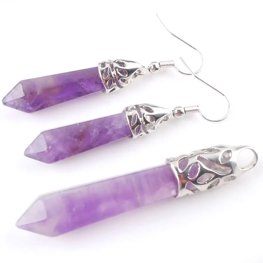 

Women Jewelry Set Natural Opalite Tiger Gem Stone Hexagonal Pillar Pointed Reiki Chakra Beads Pendant Dangle Earrings PBQ307