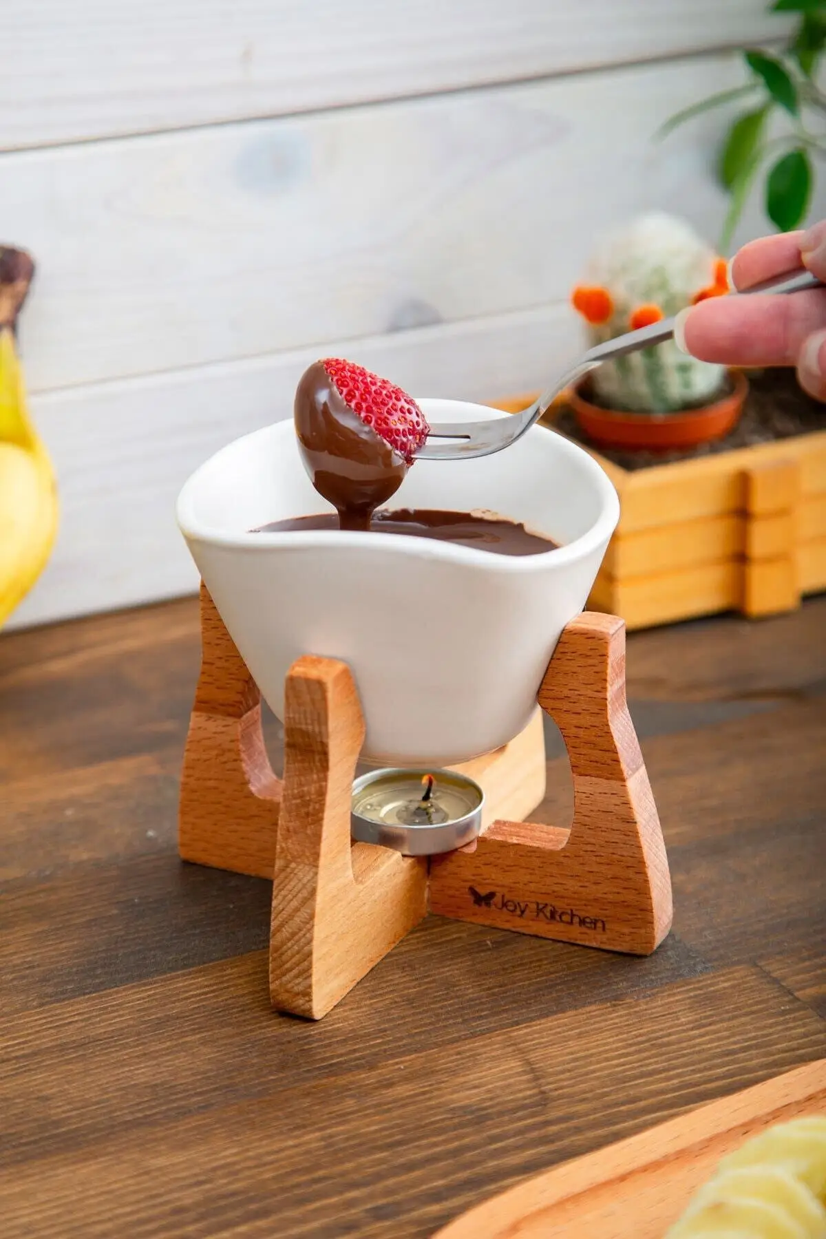 

White Porcelain Bowl Fondu Fork Wooden Standing Fondue Set