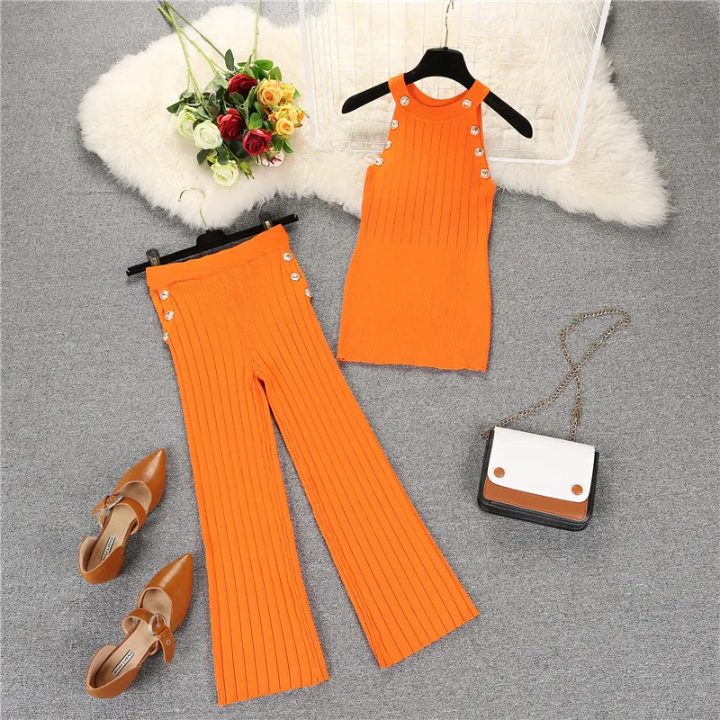 

Amolapha Women Knitting Buttons Vest+Mid-calf Pants 2PCS Clothing Sets Knit Button Tank Tops Pant Suits