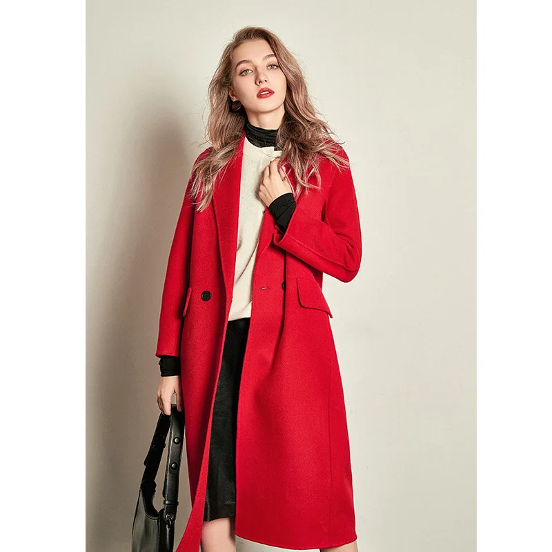 

Women double sided red water wave wool cashmere overcoats winter woolen jackets high end long handmade outwear plus size loose