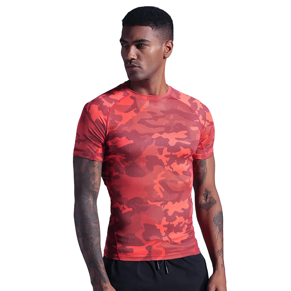 Men's Short Sleeve Polyester Skinny Red Print T-shirt Gym Fitness Bodybuilding Workout T-shirt Men's Summer Fitness Wear