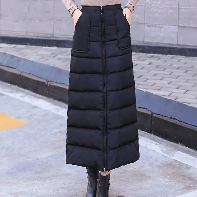 

2021 Fall Winter Fwomen Stretchy High Waisted Black Wine Red Navy Warm Padded Skirt , Woman Clothes Thick 4xl 5xl Long Skirts