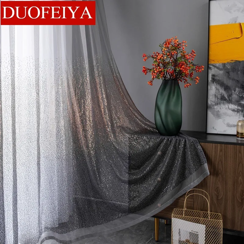 

New Nordic Luxury Light Gold Sequin Glitter Sequin Tulle Curtain Transparent Grey Window Screen Wedding Decoration