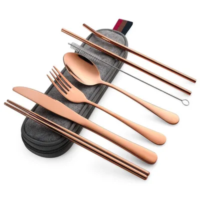 rose gold 8 шт. столовая ложка из нержавеющей стали, столовое серебро, радужные красочные дорожные столовые приборы, набор для Столовый Текстиль для отеля, подарок, вечерние принадлежности, инструменты - Цвет: rose gold