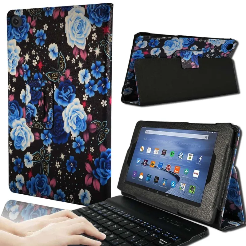 Blue Flower KK& LL для Amazon Fire HD 8(6 7 8-го поколения, выпуск-Bluetooth клавиатура планшет кожаный Стенд чехол-книжка - Цвет: Blue Flower