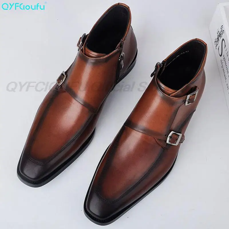 Ботинки Челси мужские с квадратным носком Натуральная Воловья кожа молния