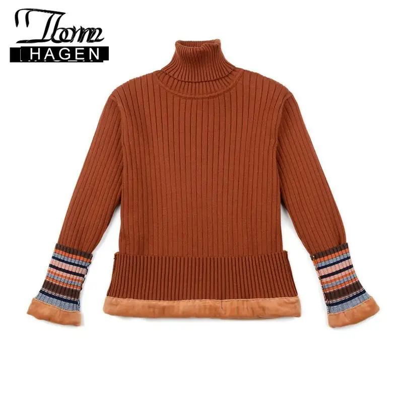 Winter Women's Sweater Korean Knitted High Neck Striped Warm Long Sleeve Black Pullover Turtleneck Velvet Thicken Jumper | Женская
