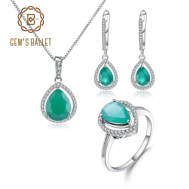 Серьги и кольцо из серебра 925 пробы с натуральным зелёным агатом|Ювелирные