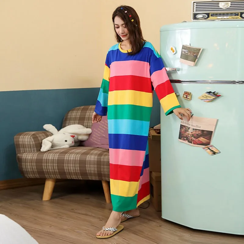 

Spring And autumn Striped Rainbow Fruit Nightdress Long Sleeve Long Cute Cartoon Bear Can Be Worn Outside Loose