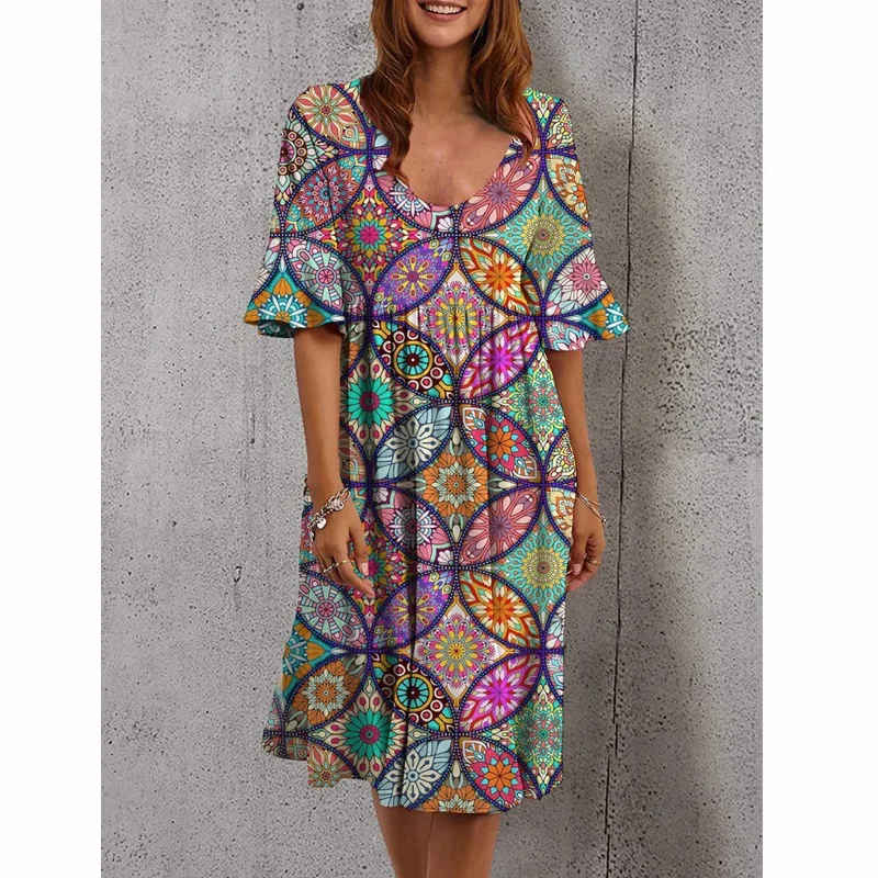 

Elegant Ruffle Print Casual Beach Midi Dresses Women Summer V-neck Half Sleeve Empire Waist A-Line Dress Sundress Vestido Robes