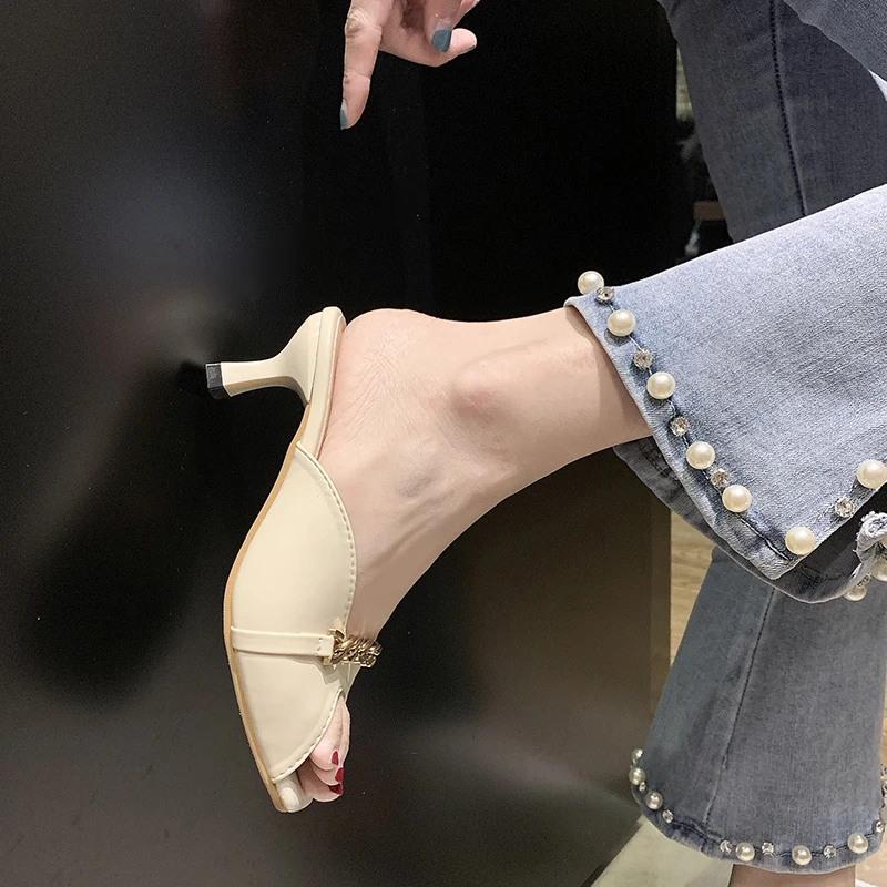 

Female Shoes Womens Slippers Outdoor Heeled Mules Luxury Slides Rivet Med Lady Peep Toe 2021 High Designer Thin Summer Girl