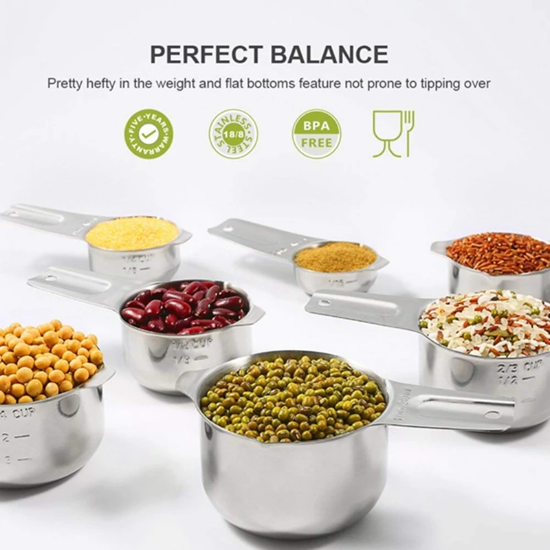 

Measuring Cups Set of 7 with 1/8 Cup Coffee Scoop,Stainless Steel Metal Measuring Cup, 7 Piece Stackable Set with Spout