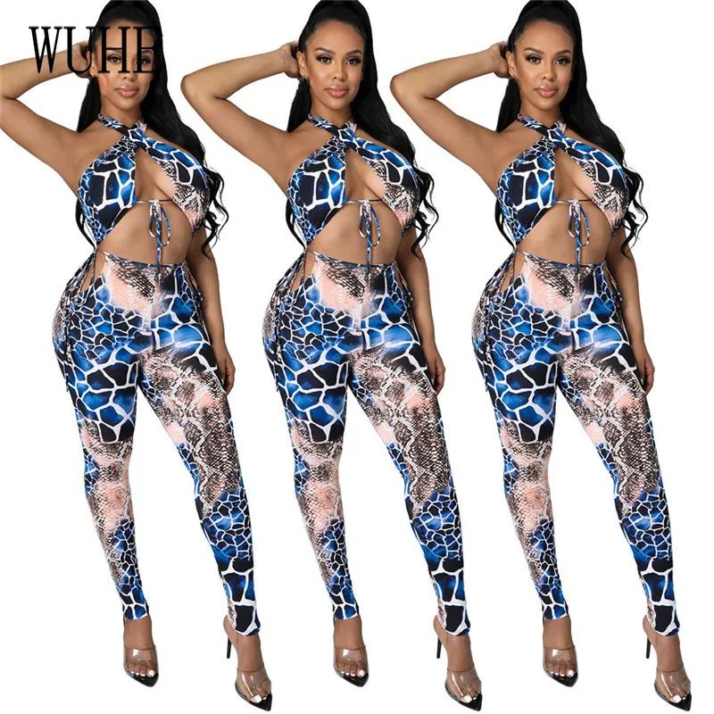 

KEXU Nightclub Two Piece Suits Serpentine Print Lace Up Open Back Halter Off Shoulder Sleeveless Top+ Long Pants Casual Party
