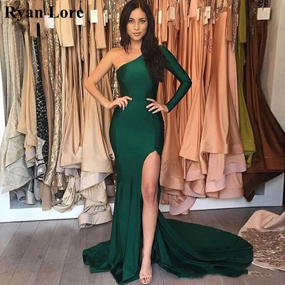 

Женское вечернее платье-русалка, зеленое асимметричное длинное платье на одно плечо с разрезом, для выпускного вечера, 2020