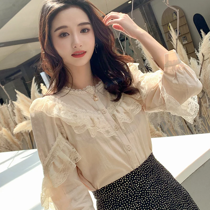 Blosue Для женщин Blusas Mujer De Moda 2021 хлопковая Льняная блуза с рюшами и кружевным