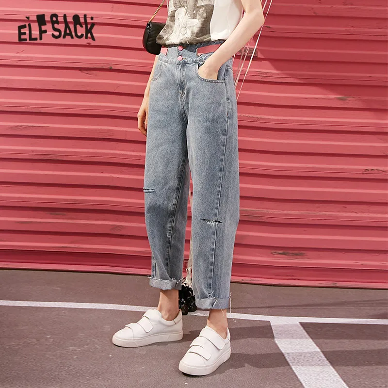 Синие однотонные минималистичные женские джинсы ELFSACK с высокой талией 2020