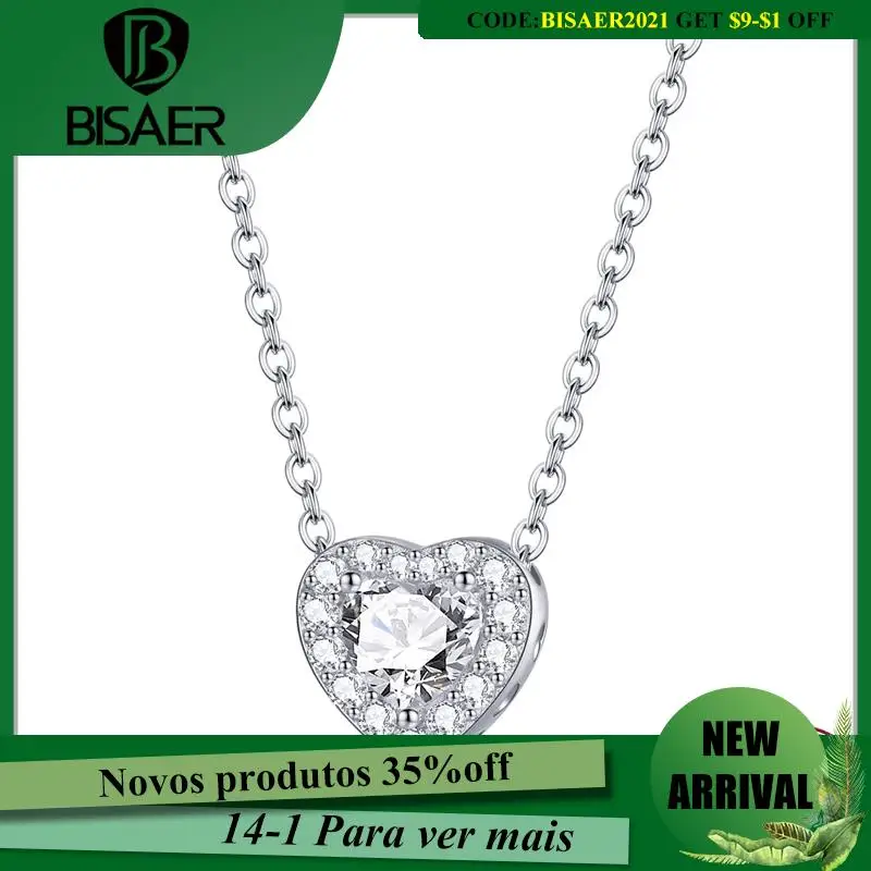 

BISAER Necklaces 100% 925 Sterling Silver Heart Shape Pendants Bright CZ Original Necklaces For Women Fine Jewelry Gift HSN455