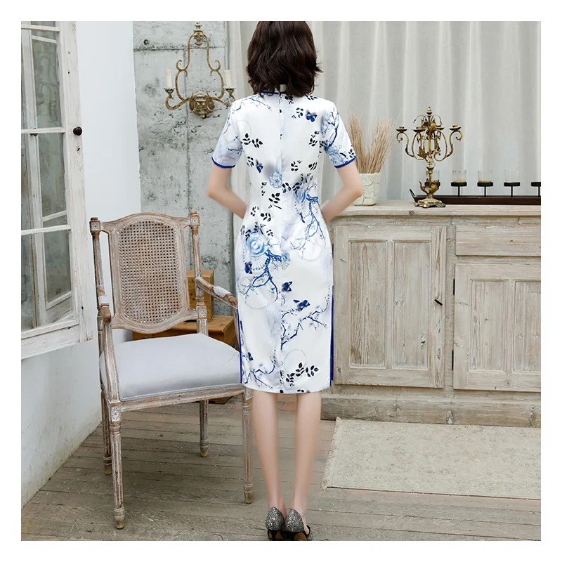 FZSLCYIYI летнее тонкое женское атласное платье Ципао с цветочным принтом элегантное