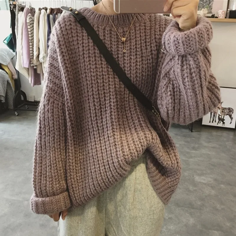 Женский вязаный свитер с длинным рукавом свободный однотонный пуловер оверсайз