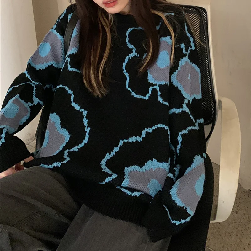 Женский пуловер Harajpoo Корейская винтажная жаккардовая черная верхняя одежда