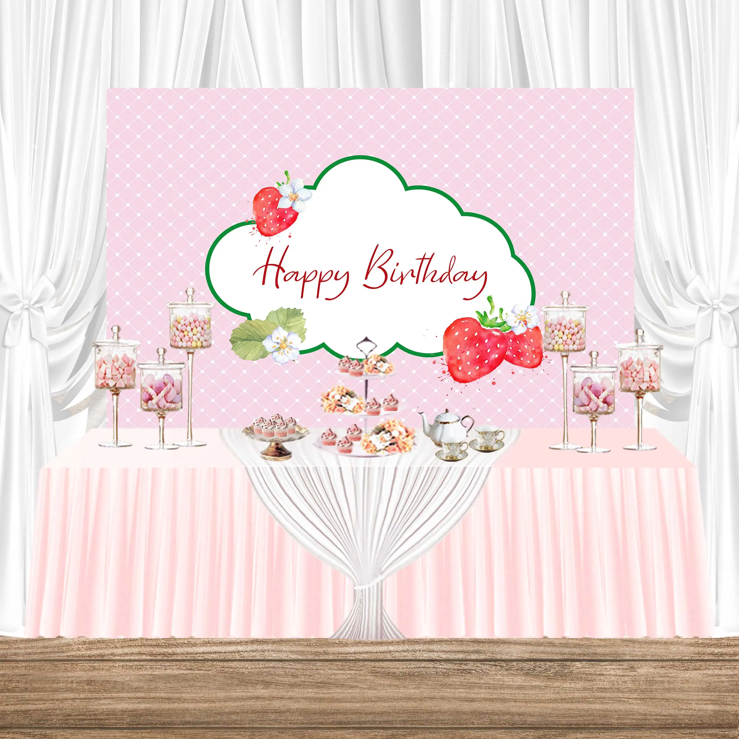 

Birthday Sweet Fruit Pink Cloud Strawberry Girl Photo Photography Baby Shower Backdrop Party Background Child Customized