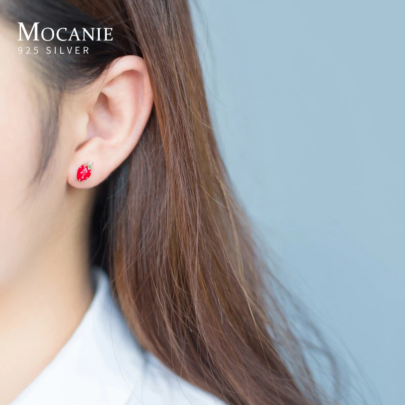 

Mocanie Genuine 925 Sterling Silver Enamel Sweet Lovely Strawberry Stud Earring for Women Fashion Fruit Ear Pin Fine Jewelry