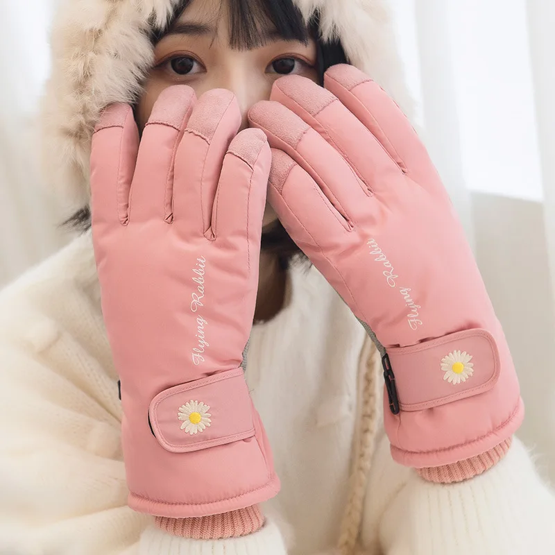 

Winter Simple Warm Ski Gloves Women‘s Full-finger Waterproof Non-slip Gloves Young Girls Snow Thick Students Pink Gloves