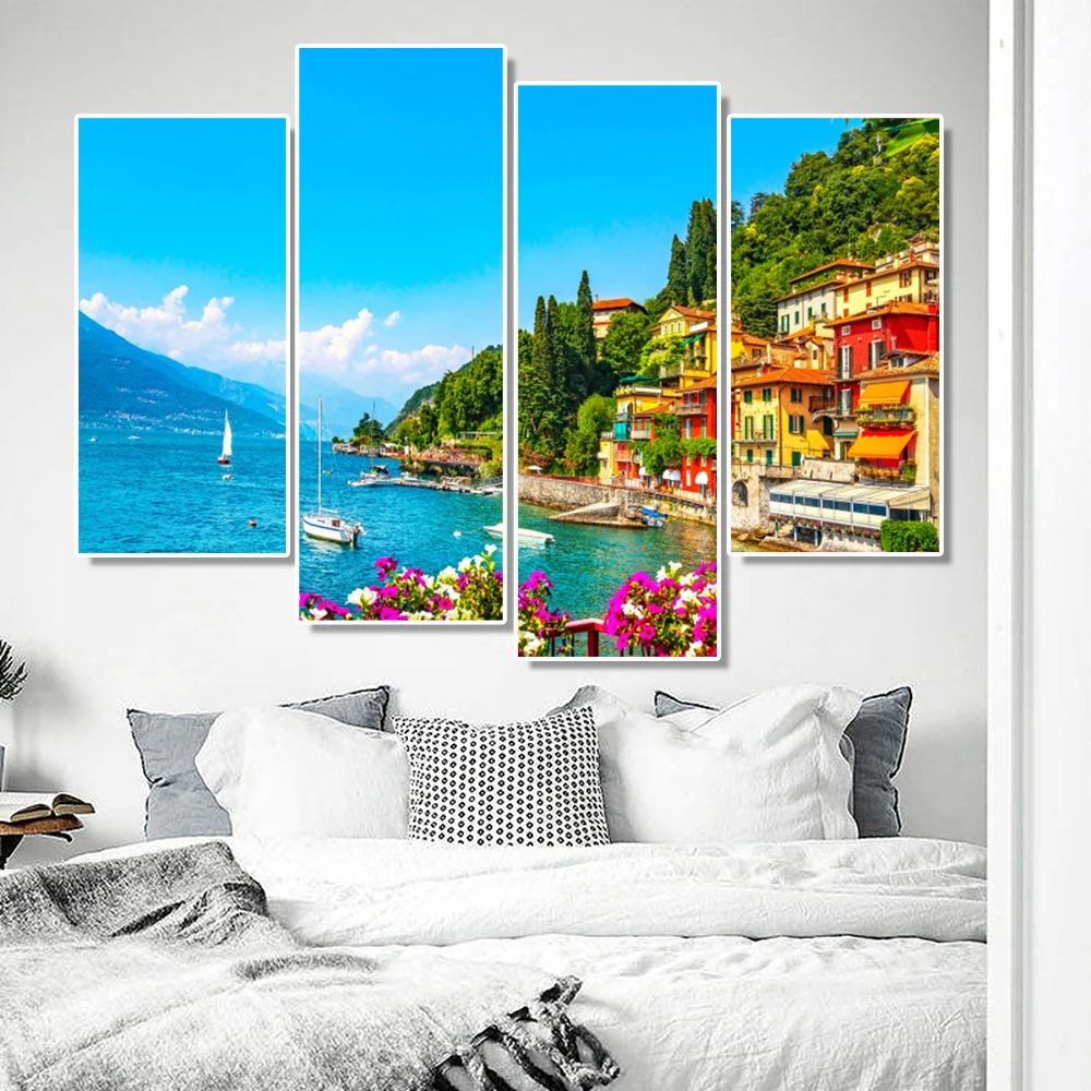 

Laeacco Aegean Sea Canvas Painting 4 Pieces Modern Seaside Scenery Posters And Prints Wall Pictures For Living Room Decoration