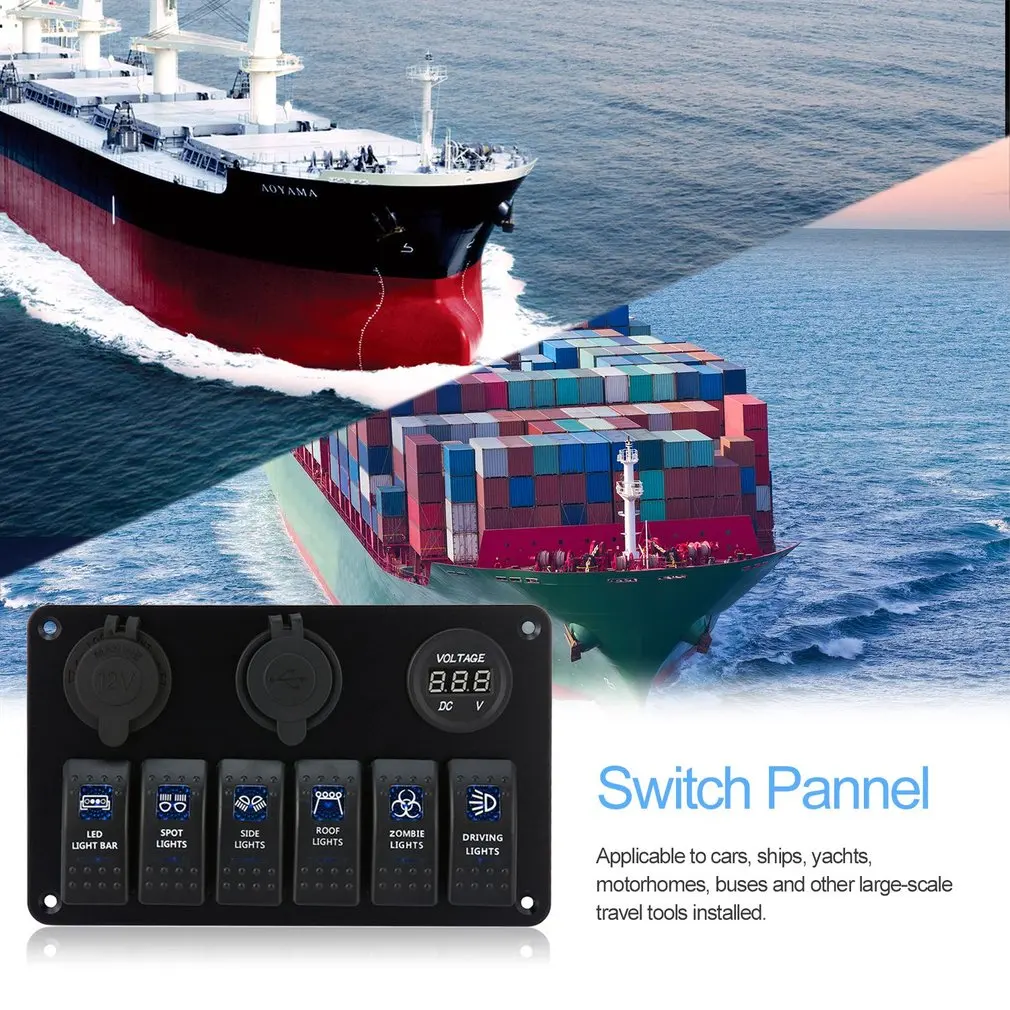 6 Gang Waterproof RV Car Marine Boat Circuit Breaker LED Rocker Switch Panel Dual USB Charger Cigarette Socket | Автомобили и