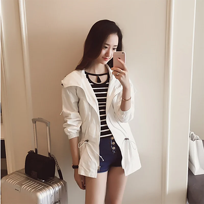 

2021 new regular spring and autumn hooded collar solid color free size mid-length coat windbreaker women