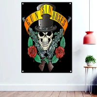 rose gun heavy metal music rock band banner wall chart fantastically brutal dark art flag skull tattoo art poster hanging cloth