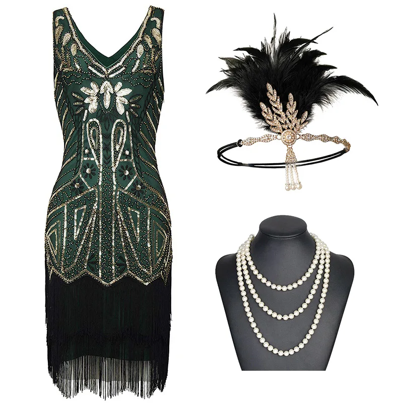 Green Gold Set (A) Женские Хлопушки платья 1920s бисером бахромой платье Грейт Гэтсби w/Набор аксессуаров xs-xxl - Цвет: Green Gold Set (A)
